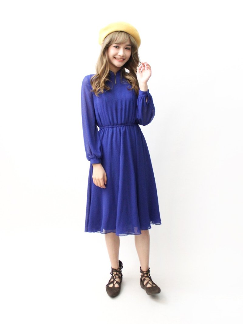 【RE0503D1177】 Japanese-made elegant deep blue and white little-sleeved spring and summer ancient dress - ชุดเดรส - เส้นใยสังเคราะห์ สีน้ำเงิน