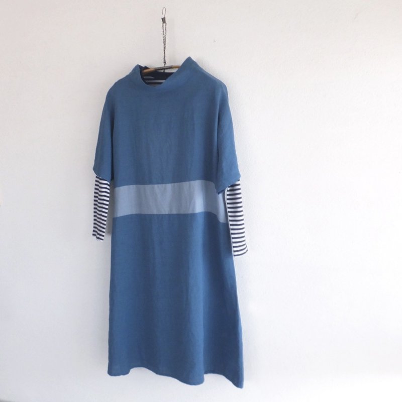 Linen dress boundary line I - ชุดเดรส - ผ้าฝ้าย/ผ้าลินิน สีน้ำเงิน