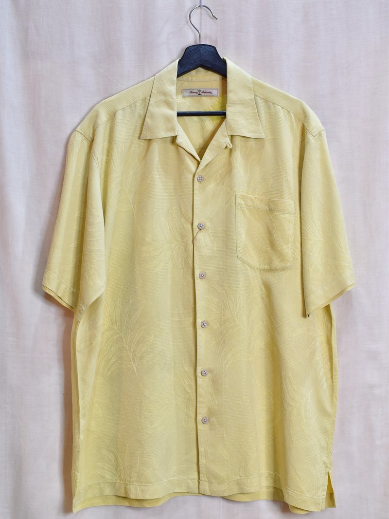 絲．絹 男襯衫/休閒襯衫 - Vintage 男版暗紋絲質夏威夷襯衫 淺黃