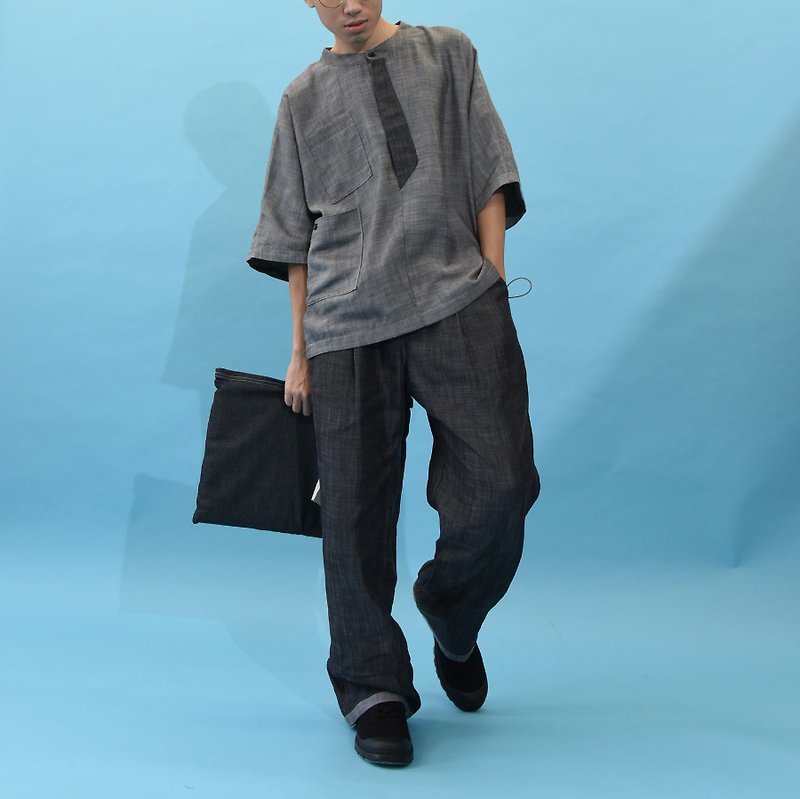 Two-tone denim Japanese collar shirt - เสื้อยืดผู้ชาย - ผ้าฝ้าย/ผ้าลินิน สีเทา
