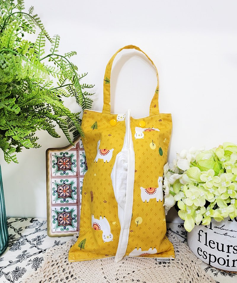 Nordic style exotic style super cute alpaca pattern drawing hanging rope removable tissue bag can be hung cloth paper cover - กล่องทิชชู่ - ผ้าฝ้าย/ผ้าลินิน สีเหลือง