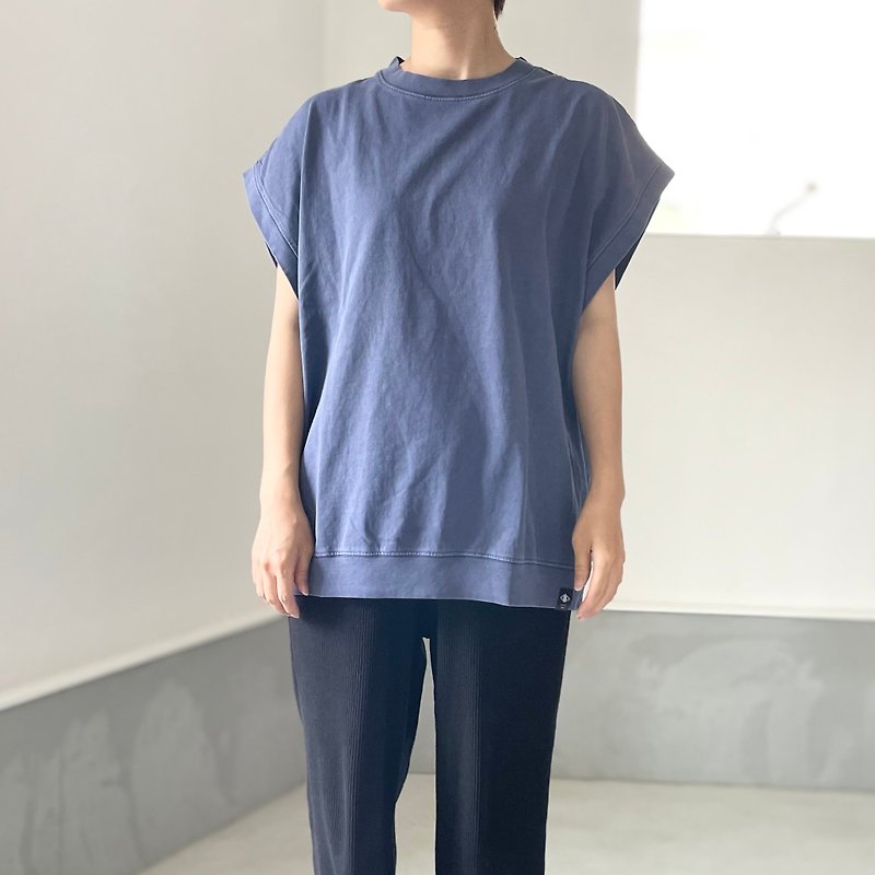 2024 New Arrivals [Unisex] Pigmented Big Silhouette Sleeveless T-Shirt [Blue] - เสื้อยืดผู้หญิง - ผ้าฝ้าย/ผ้าลินิน สีน้ำเงิน