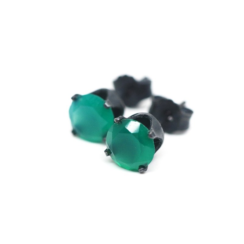 Green Onyx Black Stud Earrings - Black Sterling Silver - 6mm Round - 耳環/耳夾 - 其他金屬 綠色