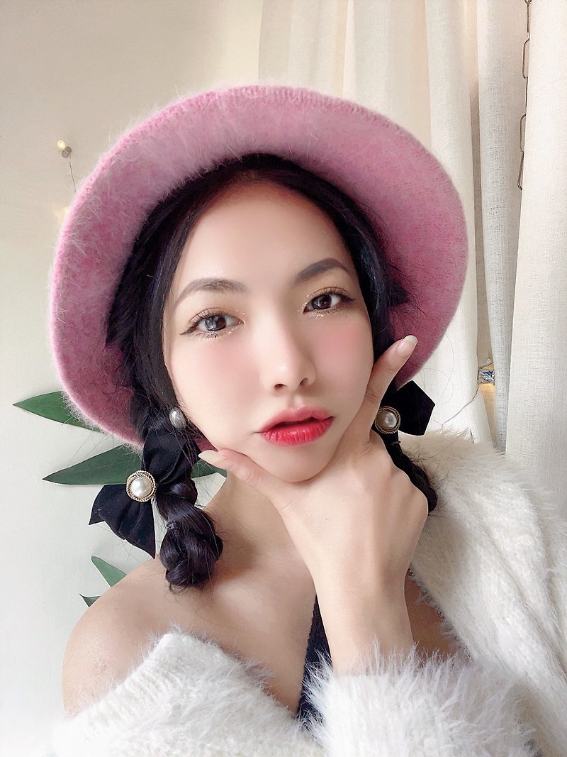 Youth romantic and tender pink velvet girl Angela wool lady hat picture hat/cloche - หมวก - ขนแกะ สึชมพู