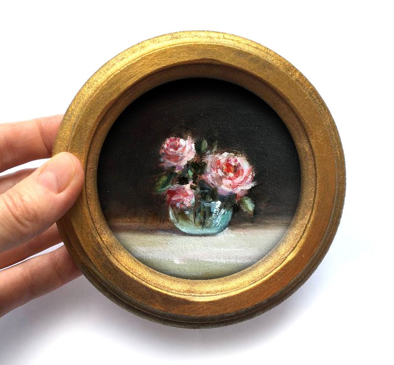 Framed Flower Painting Victorian Round Gold Gift Small Original Oil antique - 壁貼/牆壁裝飾 - 其他材質 粉紅色