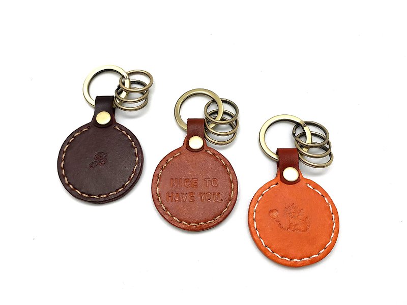 小圓名牌 客製皮革鑰匙圈 (12色/免費刻字/圓環款) - 鑰匙圈/鑰匙包 - 真皮 咖啡色
