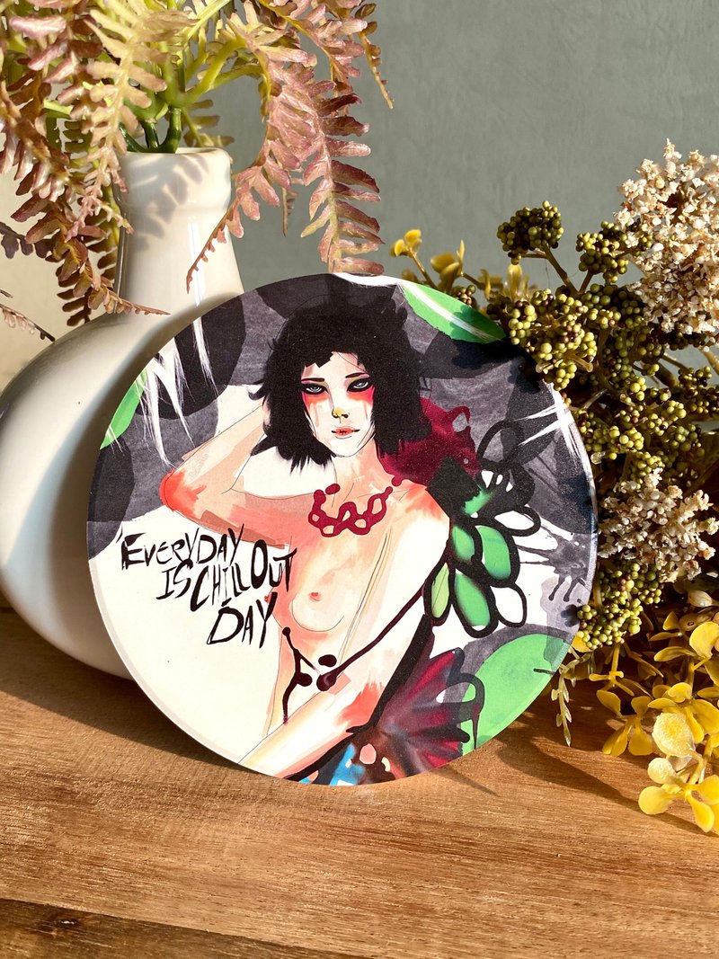 Everyday is chill out day round illustration ceramic coaster 05 - ที่รองแก้ว - ดินเผา หลากหลายสี