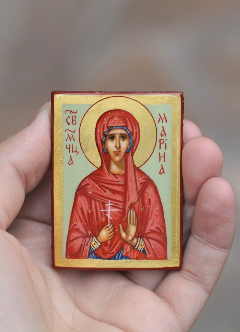 hand painted orthodox wood icon Saint Holy Martyr Marina Religious pocket size - Other - Wood Red