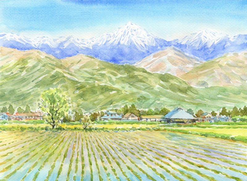 Made to order: Watercolor original painting: Spring in Azumino - โปสเตอร์ - กระดาษ สีเขียว