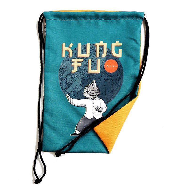 Kungfu cat / Cat aerobic/ Back-Front drawstring bag Canvas Reduce global warming - 水桶袋/索繩袋 - 其他材質 白色