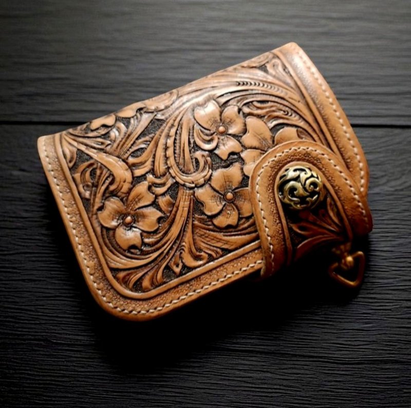 Handmade Genuine Leather Wallet – Vintage Tooled Floral Design - 錢包/皮夾/長短夾 - 真皮 咖啡色