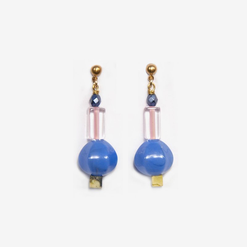 Blue Melon and Soft Pink Handmade Glass Bead Earrings, Post Earrings, Clip On Earrings - ต่างหู - โลหะ สีน้ำเงิน