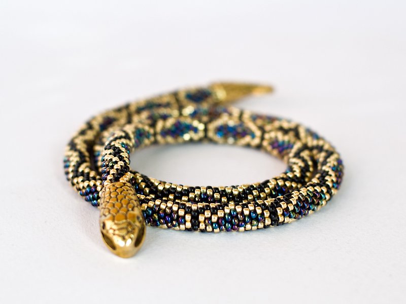 项链, 串珠项链, 手作, 派對, Gold snake necklace, Beaded necklace for woman, Choker - 項鍊 - 玻璃 金色