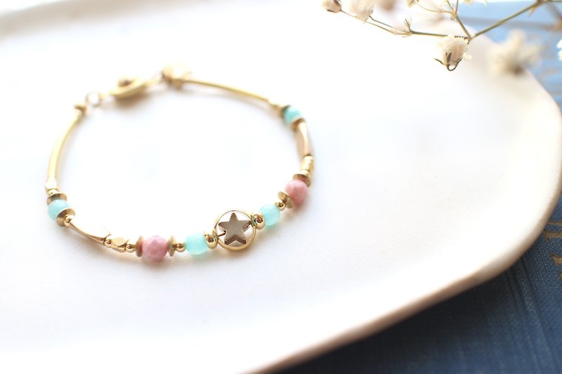 The star-Jade/Rhodochrosite/Brass handmade bracelet - Bracelets - Other Metals Pink