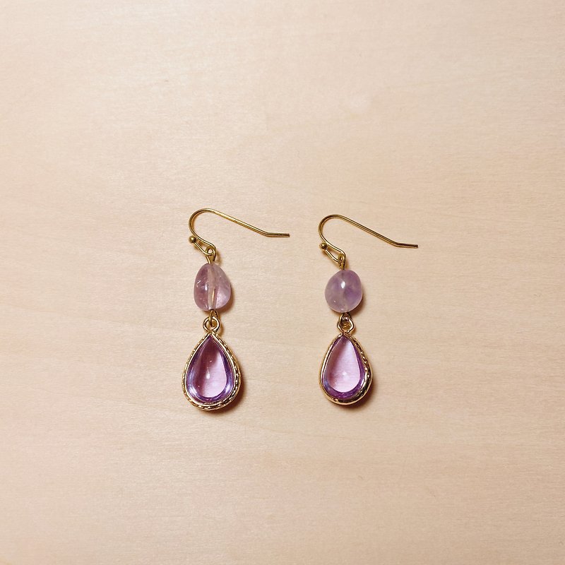 復古紫水晶淺紫水滴耳環 - 耳環/耳夾 - 水晶 紫色
