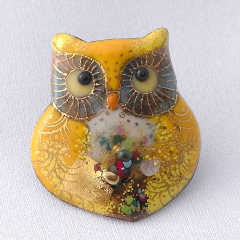 Owl-Yellow 1 Cloisonne Pin Brooch - Brooches - Other Metals Yellow