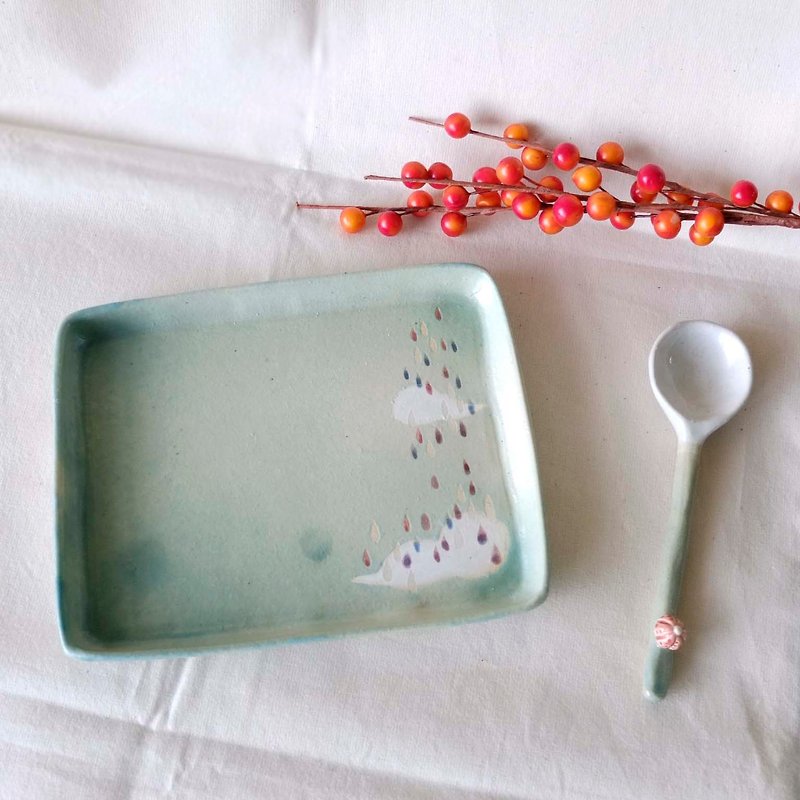 Rain clouds rain drops illustration moist feel of ceramic X style side dish / snack tray (Green Lake) Hand Limited - Small Plates & Saucers - Pottery Green