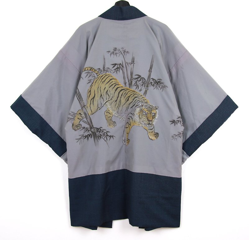 グリーン・ジャパンに戻って、男性手描きの竹の虎ビンテージの着物 - アウター メンズ - コットン・麻 