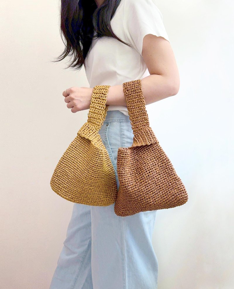 Triangular Tote Bag / Handmade Crochet in Taiwan, Multiple Colors Available, Raffia Woven Small Bag - Handbags & Totes - Other Materials Brown