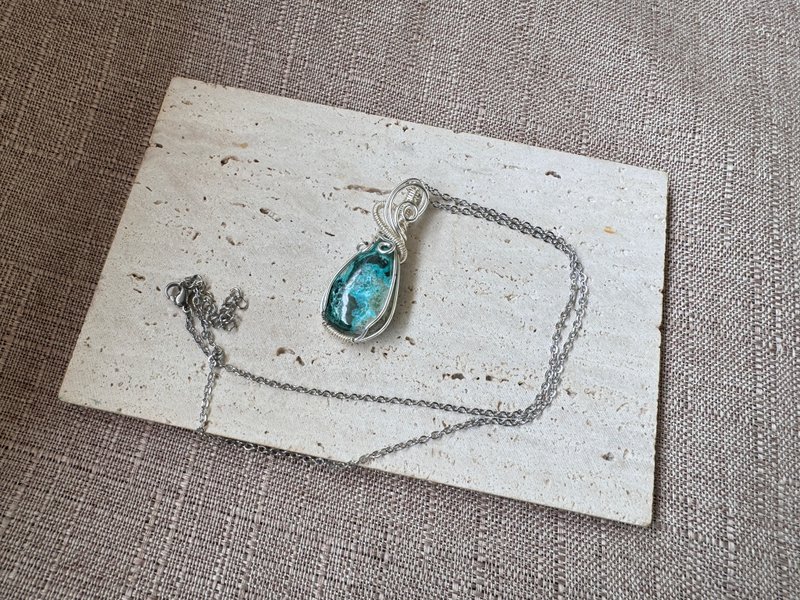 230129 wire wrapping 鳳凰石 銅線 繞線 吊墮 - 項鍊 - 銅/黃銅 綠色