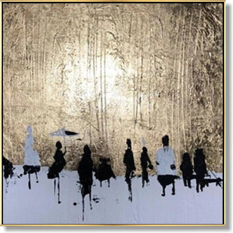 Large Abstract Human Oil Painting Modern Gold Leaf Art Gray Wall Art Modern Art - 壁貼/牆壁裝飾 - 壓克力 金色