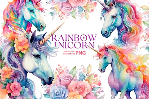 Natali Mias Store Watercolor rainbow unicorn clipart set, Princess Png, rainbow Horses and flowers