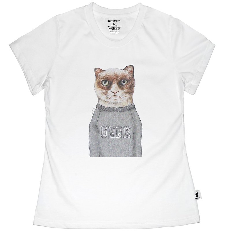 British Fashion Brand -Baker Street- Mad Cat Printed T-shirt - เสื้อยืดผู้หญิง - ผ้าฝ้าย/ผ้าลินิน ขาว