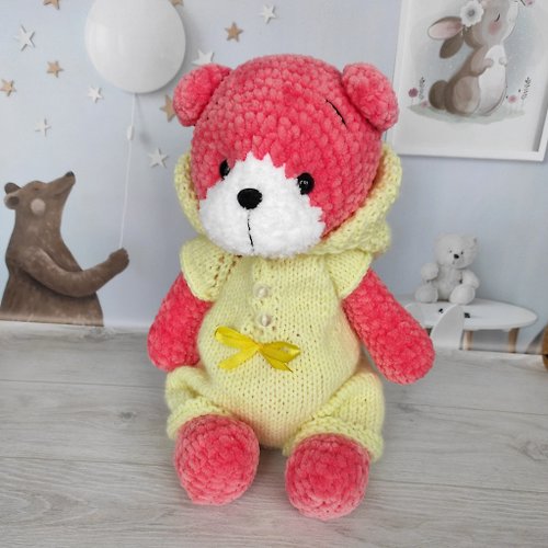 Knittedtoysworld Teddy Bear, Teddy Bear in Overalls, Cute Handmade Teddy Bear, Stuffed Animal