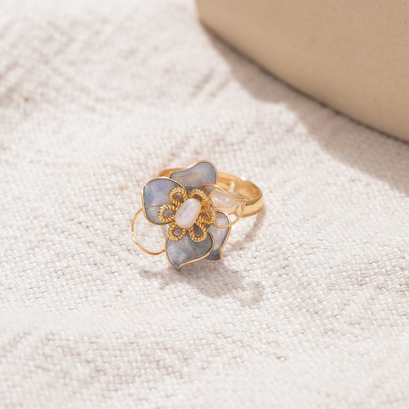 [Streamer-Sky Blue] 14K Gold-Packed Adjustable Ring Ring | Crystal Flower Jewelry - แหวนทั่วไป - เครื่องประดับ สีน้ำเงิน