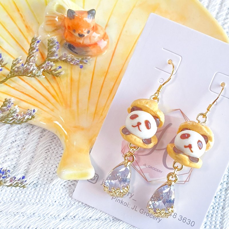 【French】Panda Puff Earrings | Food Ornaments | Miniature Ornaments - Earrings & Clip-ons - Clay 