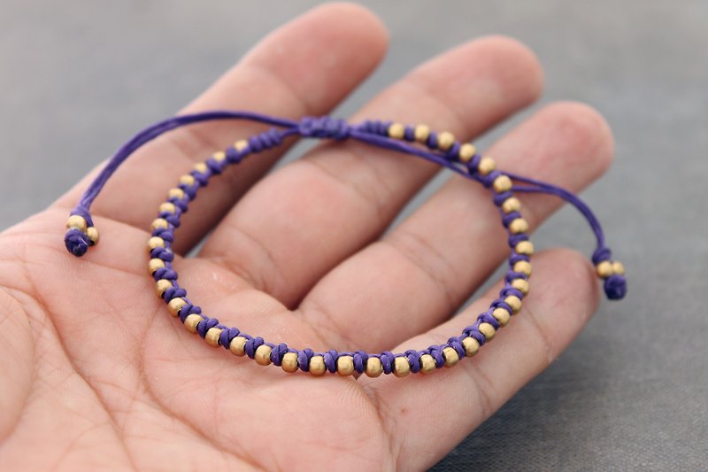Purple Brass Beaded Woven Bracelets Raw Brass Braided Friendship Bracelets - สร้อยข้อมือ - ผ้าฝ้าย/ผ้าลินิน สีม่วง