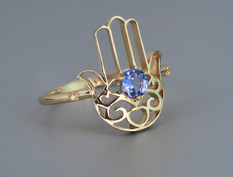 Gold ring hamsa hand with tanzanite in the center and diamonds - 戒指 - 貴金屬 金色