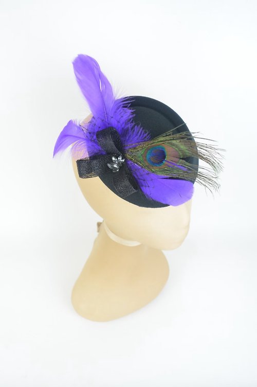 Elle Santos Fascinator Headpiece with Peacock and Purple Feathers and Vintage Jewels Pin Up