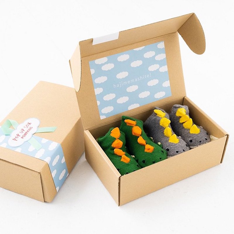 1512291P 2-Pair Set Gift Box POP UP SOX Dinosaur Dinosaur Made in Japan Green/Gray - ของขวัญวันครบรอบ - ผ้าฝ้าย/ผ้าลินิน สีเขียว