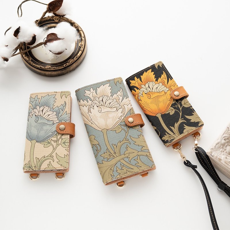 Compatible with all models Smartphone case Notebook type [Vertical hanging parts William Morris Anemone] Leather Smartphone shoulder A204I - Phone Cases - Genuine Leather Blue