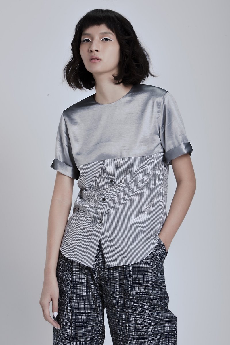 Patchwork top - เสื้อผู้หญิง - ผ้าฝ้าย/ผ้าลินิน สีเทา