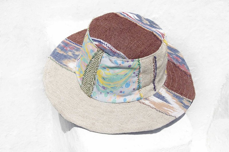 摩洛哥風拼接手織棉麻帽 編織帽 漁夫帽 遮陽帽 草帽-水彩森林系 - 帽子 - 棉．麻 多色