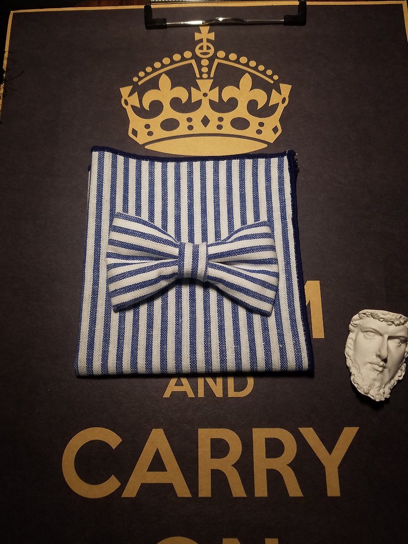 藍色條紋海軍風領結口袋巾套裝主題婚禮領結 - 手帕 - 棉．麻 藍色