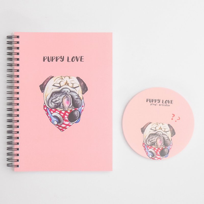 Pug A5コイルノート+セラミックコースターセットパグPOPPY LOVE - ノート・手帳 - 紙 ピンク