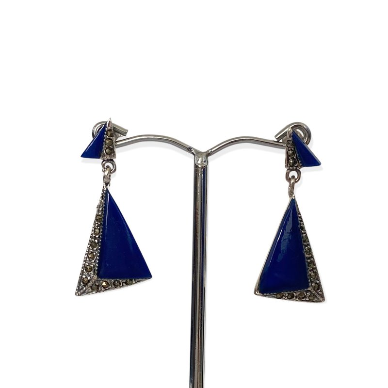 Art Deco Style Triangle Lapis lazuli&Marcasite Earrings /Set 925 Sterling Silver - 耳環/耳夾/耳骨夾 - 純銀 藍色