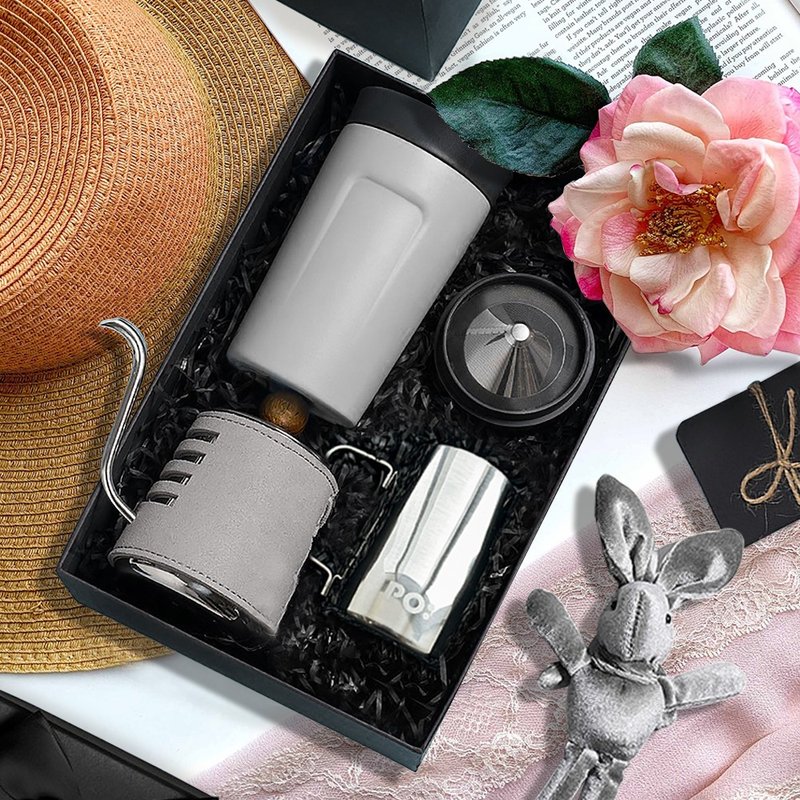 【手沖咖啡套裝禮盒】手沖壺/隨行保溫杯/拉花杯 生日禮物 新年禮 - 咖啡壺/咖啡周邊 - 玻璃 灰色