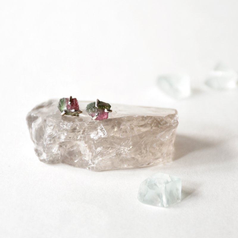 Handmade Raw watermelon Tourmaline with sterling silver Stud Earring - Earrings & Clip-ons - Gemstone Multicolor