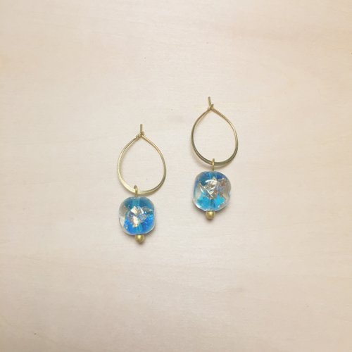 鳥嶼 Niaoyoo 復古天藍圓邊方形金銀箔琉璃耳環