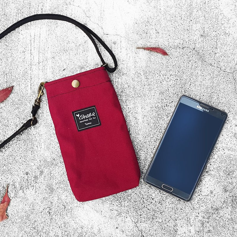 Very simple canvas phone bag - dark red (bevel / neck hanging / small package) - Clutch Bags - Cotton & Hemp Red