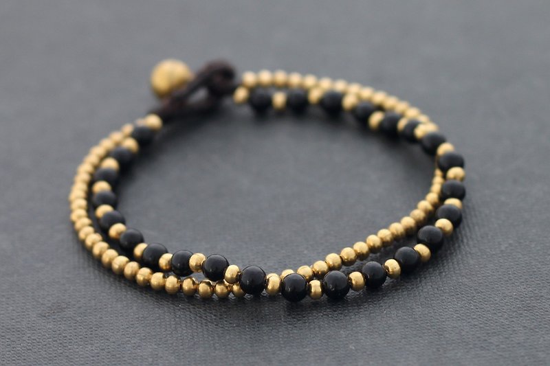 Onyx Stone Simple Bracelets Real Brass Strand Beaded Woven Obsidian - สร้อยข้อมือ - หิน สีดำ