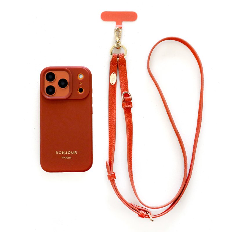 New Arrival from Japan (Case + Lanyard Set) iPhone 17/16/15 French Orange Leather Crossbody Lanyard Phone Case - Phone Cases - Faux Leather Orange
