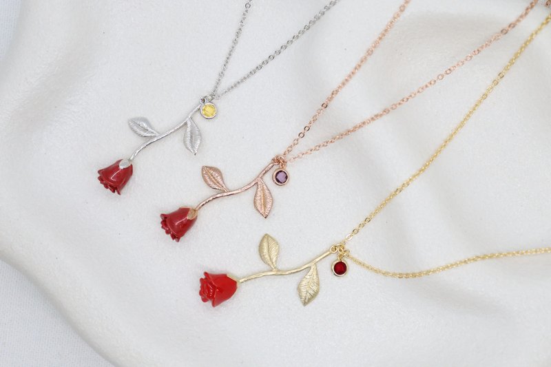 Red Rose & Birthstone Necklaces, Mini Birthstones, Gorgeous Rose Necklace - Necklaces - Copper & Brass Red