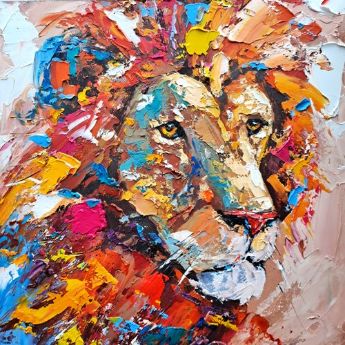 アフリカアート　ライオン【画家 サイン入り】(8) ライオン絵画動物オリジナルアートアフリカの動物厚塗り壁アート