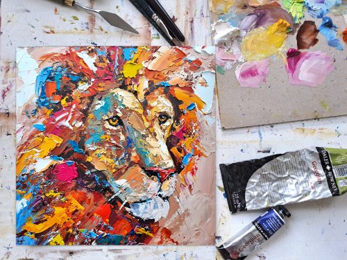 ライオン絵画動物オリジナルアートアフリカの動物厚塗り壁アート