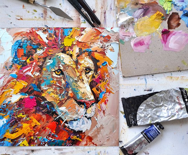 ライオン絵画動物オリジナルアートアフリカの動物厚塗り壁アート